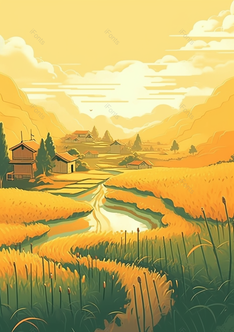河流麦田黄色秋天收获节气插画背景,插画/手绘图,插画/手绘图库,插画/手绘图下载,插画/手绘